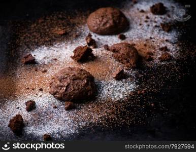 Homemade chocolate cookies on dark background, selective focus