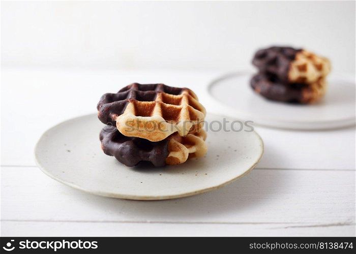 Homemade chocolate waffles on white background. . Homemade chocolate waffles. 