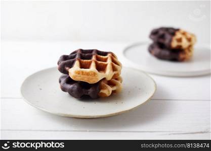 Homemade chocolate waffles on white background. . Homemade chocolate waffles. 