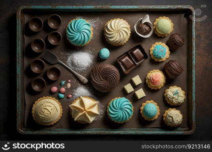 homemade confectionery baked on baking tray, created with generative ai. homemade confectionery baked on baking tray