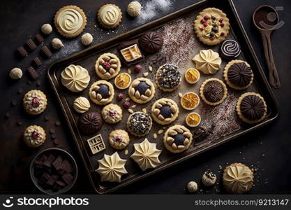 homemade confectionery baked on baking tray, created with generative ai. homemade confectionery baked on baking tray