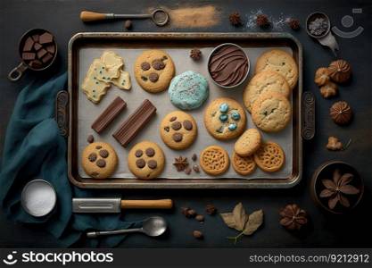 homemade cookies, biscuits and cakes on baking tray, created with generative ai. homemade cookies, biscuits and cakes on baking tray