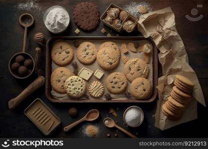 homemade cookies, biscuits and cakes on baking tray, created with generative ai. homemade cookies, biscuits and cakes on baking tray