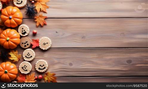Homemade cookies, Halloween pumpkins with spiders and autumn leaves lie on the left on a light brown wooden table with copy space for your text on the right, flat lay close-up.. Festive cookies, halloween pumpkins with autumn foliage on a wooden table.
