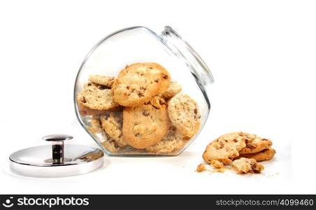 Homemade cookies in glass jar on white background