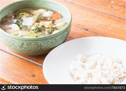 Homemade cooking rice and clear pork soup