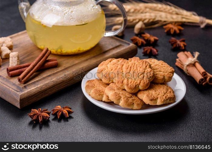 Homemade corn cookies on a dark concrete background. Copy space. Homemade corn cookies on a dark concrete background