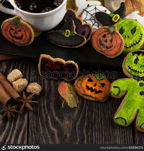 Homemade delicious ginger biscuits for Halloween. Homemade delicious ginger biscuits for Halloween on wooden table