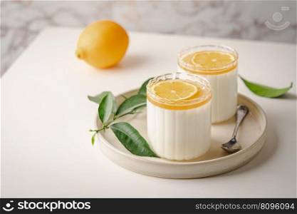 Homemade dessert panna cotta, mousse or pudding in a portion glass with lemon curd and fresh lemon.. Dessert panna cotta with lemon