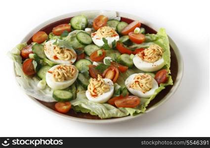 Homemade deviled eggs served on a salad of minature tomatoes, lettuce, sliced cucumber and chopped green onion scallions, side view