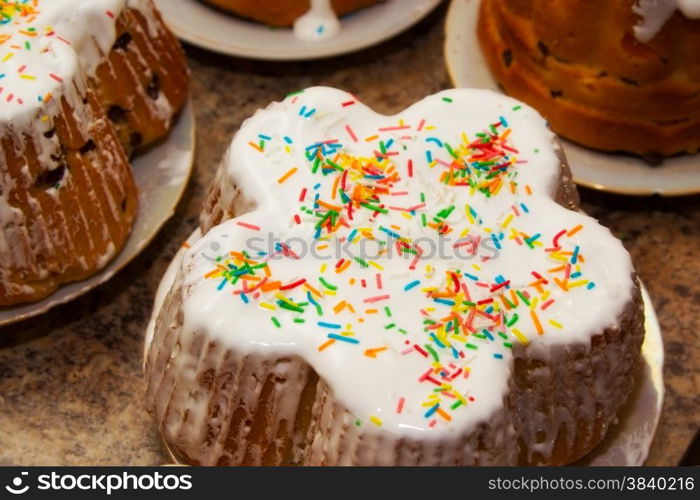 homemade Easter cake with icing and raisins