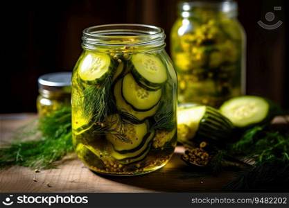 Homemade fermented pickled cucumbers in a jar.