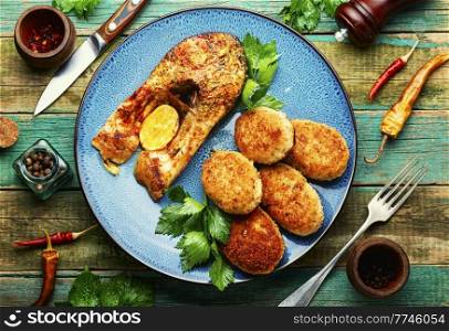 Homemade fish cutlets and tasty fish steak. Delicious fish cutlet