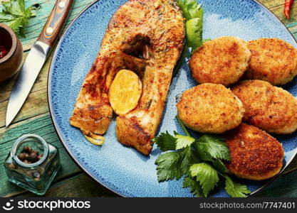 Homemade fish cutlets and tasty fish steak. Delicious fish cutlet