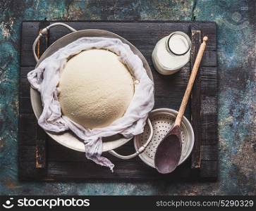 Homemade fresh cheese in dish and cheesecloth with milk and wooden spoon on rustic background, top view