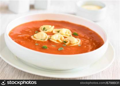 Homemade fresh cream of tomato soup with tortellini garnished with fresh oregano leaves, photographed with natural light (Selective Focus, Focus in the middle of the soup)