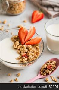 Homemade fresh granola with spoon and glass of milk for perfect breakfast. Macro.