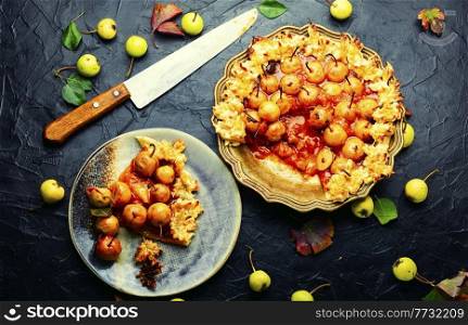 Homemade fruit open pie.Pear pie.Sweet autumn dessert.. Autumn pie with pear