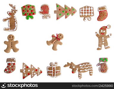 Homemade Gingerbread cookies with different shapes isolated on white background