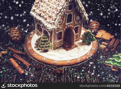 Homemade gingerbread house on dark background, xmas theme