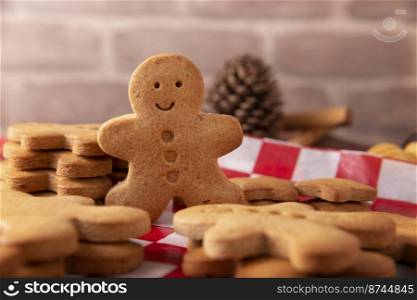 Homemade gingerbread man cookies closeup, traditionally made at Christmas and the holidays.