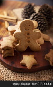 Homemade gingerbread man cookies, traditionally made at Christmas and the holidays.