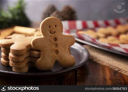 Homemade gingerbread man cookies, traditionally made at Christmas and the holidays.