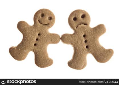 Homemade Gingerbread man cookies with different expressions isolated on white background