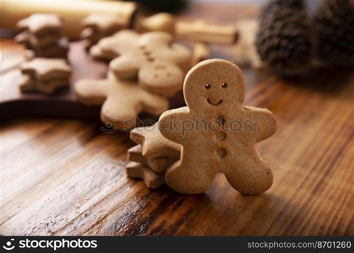 Homemade gingerbread men cookies, traditionally made at Christmas and the holidays.