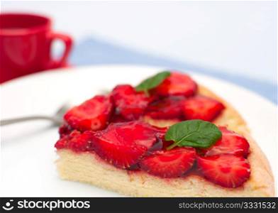 Homemade Gluten Free Strawberry Pie With Jelly and Mint on White Plate - With Espresso Coffee in Background