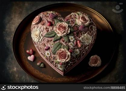 Homemade Heart shaped cake. Valentines day food, selective focus. Generative AI