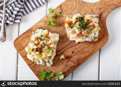 homemade herring salad with fresh onions apple red paprika and herbs