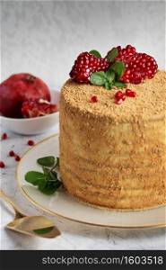 Homemade honey cake decorated with pomegranate berries and mint leaves on light gray textural background
