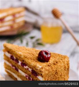 Homemade honey cake with cherry on plate