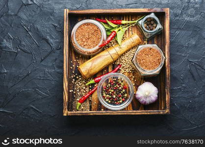 Homemade hot seasoning spice,dry adjika and ingredients. Dry adjika condiment