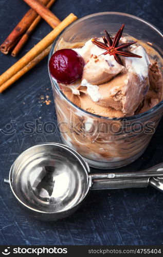 homemade ice cream with cherry flavor in a glass. Ice-cream with cherry flavor