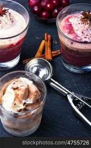 homemade ice cream with cherry flavor in a glass. Ice-cream with cherry flavor