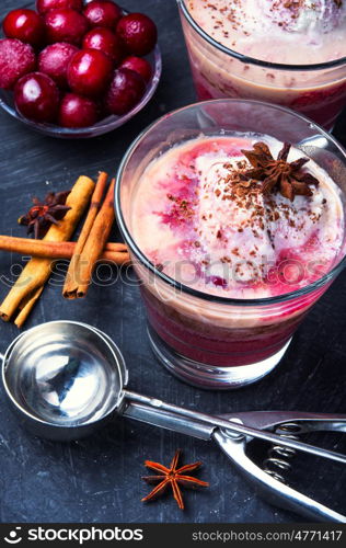 homemade ice cream with cherry flavor in a glass. Vanilla cherry ice cream