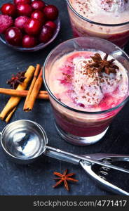 homemade ice cream with cherry flavor in a glass. Vanilla cherry ice cream