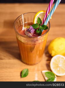 Homemade ice tea with fruits