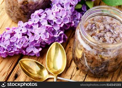 Homemade jam from the lilac. Healing jam from the flowers of spring lilacs.Healing syrup