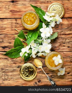 Homemade jam with jasmine flowers. Useful jam from the blossoming jasmine petals, healthy food