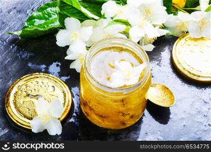 Homemade jam with jasmine flowers. Useful jam from the blossoming jasmine petals, healthy food