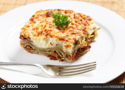 Homemade lasagne verdi on a white plate with a fork, side view