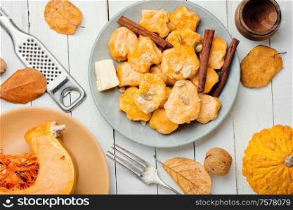 Homemade lazy pumpkin dumplings on a plate. Pumpkin dumplings lazy