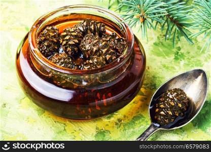 Homemade medicinal jam from pine cones.Natural Medicine. Jam from pine cones