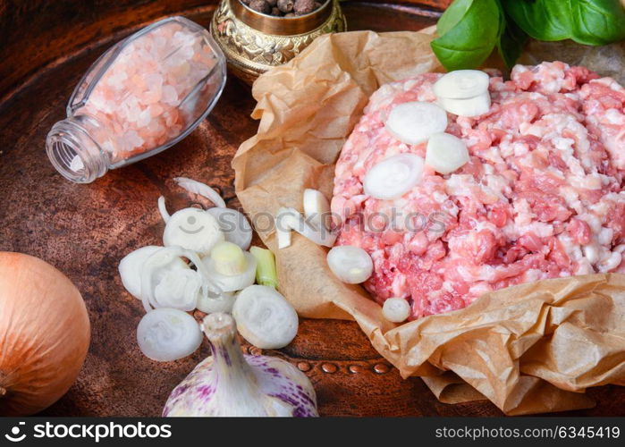 Homemade minced meat. ingredient for forcemeat with onions and spices