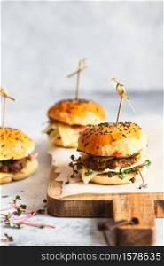 Homemade mini burgers with bamboo brochettes. Sandwiches with meat patties, cheese, pickles and radish microgreens served with fingerfood sticks. Cooking at home