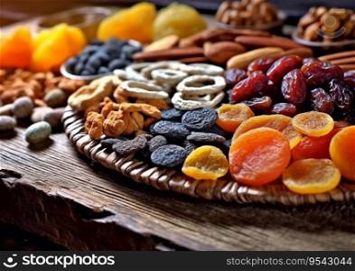 Homemade mix of sweet dried fruits on table.AI Generative