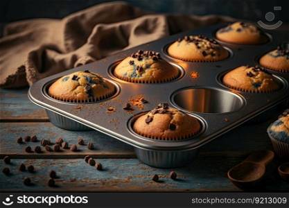homemade muffins baking tray on blurry background, created with generative ai. homemade muffins baking tray on blurry background